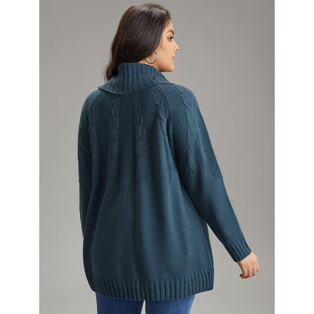 Plus Size Solid Turtle Neck Cable Knit Pullover Cyan Women Casual Loose Long Sleeve Turtleneck Dailywear Pullovers BloomChic 28/5X Product Image