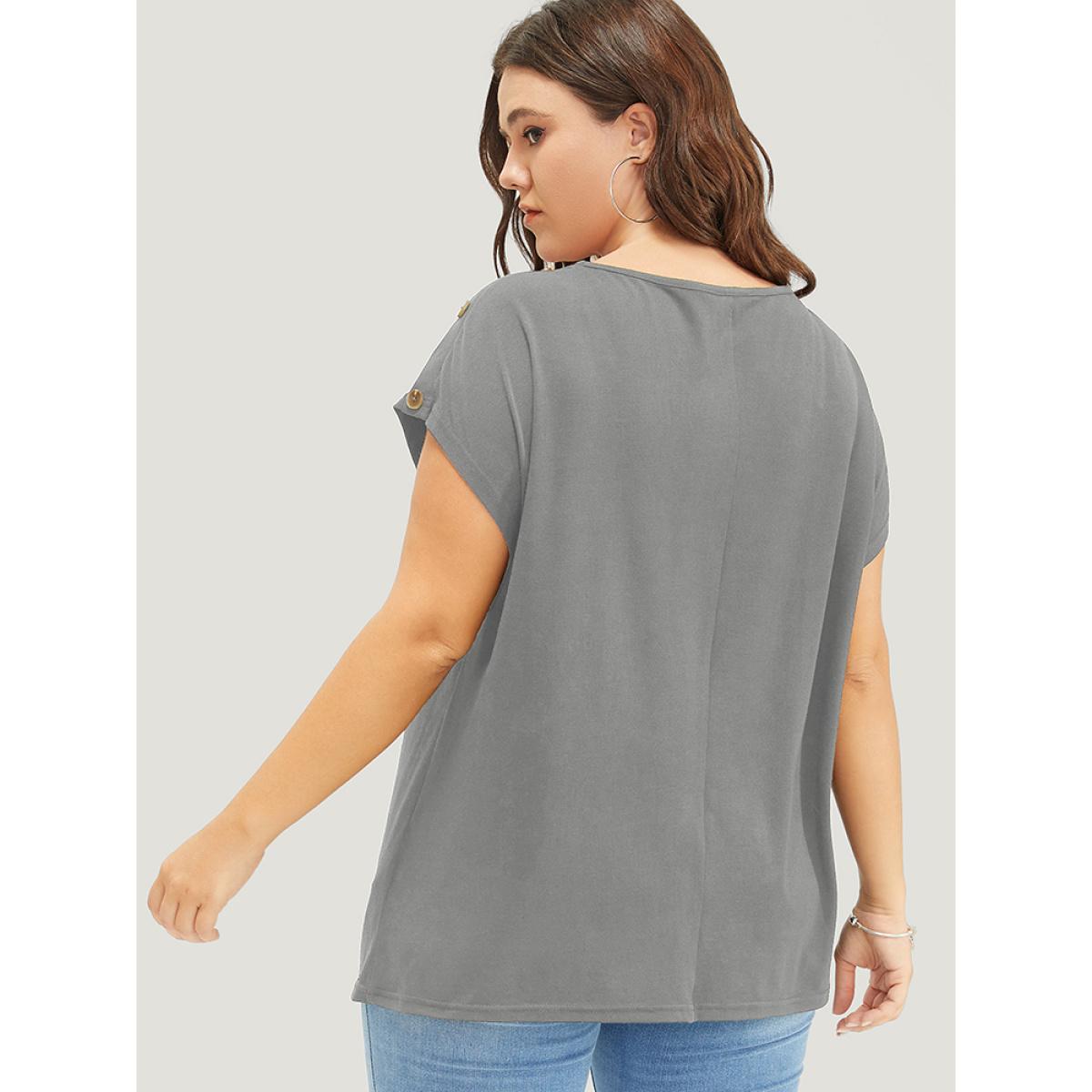 Plus Size Solid Button Detail Round Neck Batwing Sleeve T-shirt DarkGray Women Casual Plain Round Neck Dailywear T-shirts BloomChic 18-20/2X Product Image