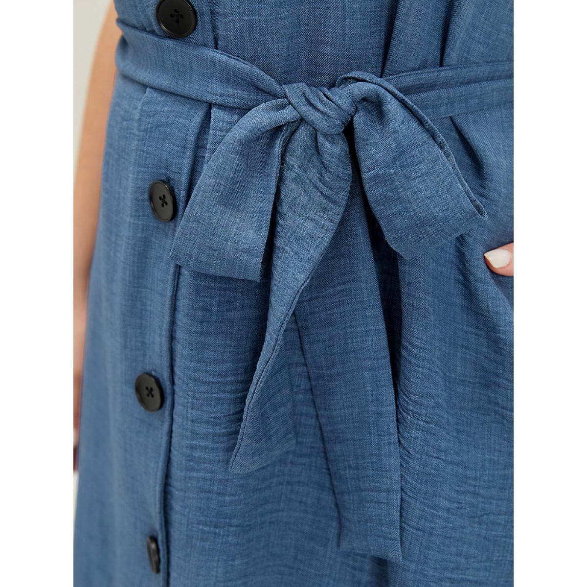 Plus Size Suit Collar Belted Pocket Button Through Sleeveless Dress Blue Women Elegant Belted Suit Collar Sleeveless Curvy Knee Dress BloomChic 14-16/1X Product Image