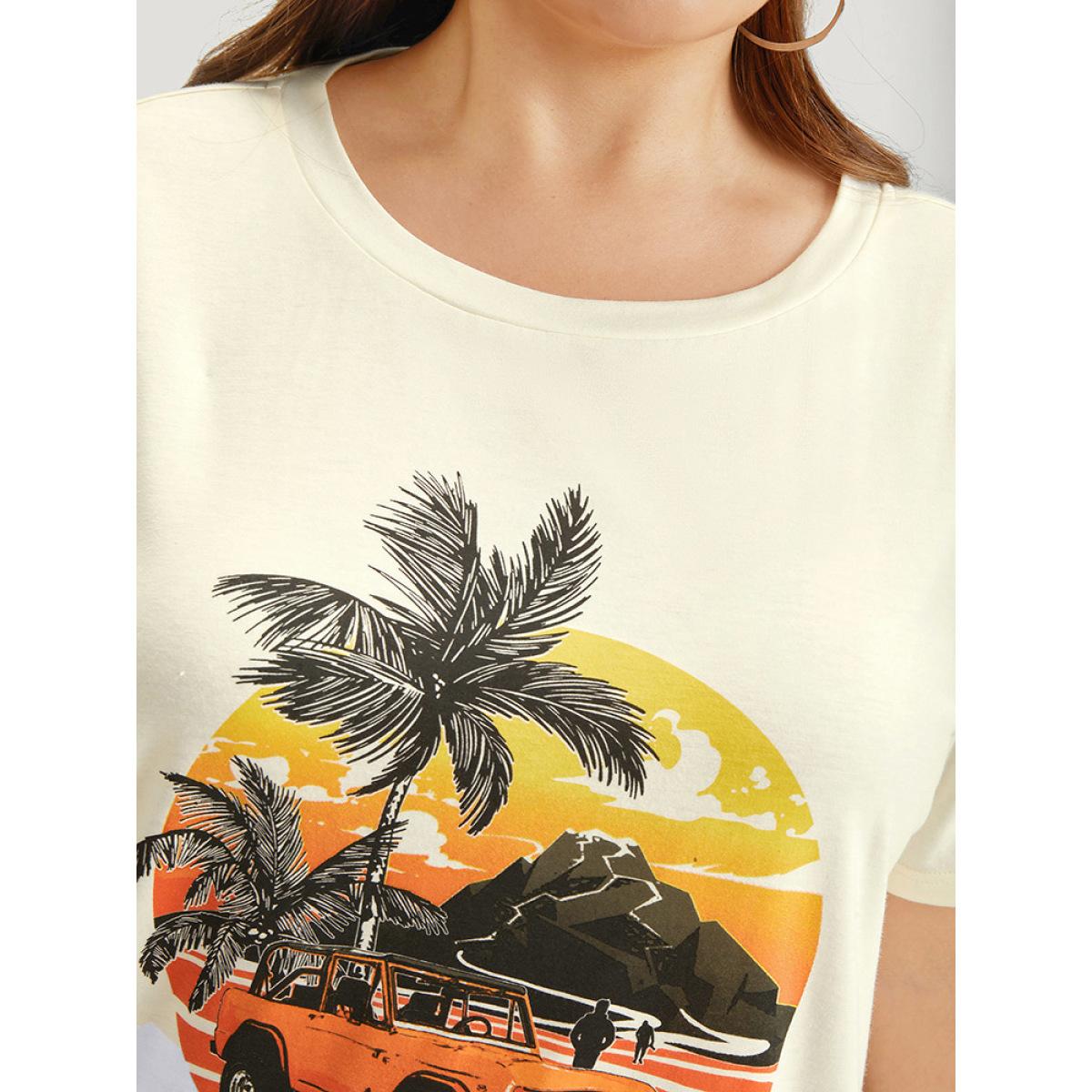 Plus Size Coconut Tree & Car Print Crew Neck T-shirt Beige Women Casual Tropical Dailywear T-shirts BloomChic 12/L Product Image