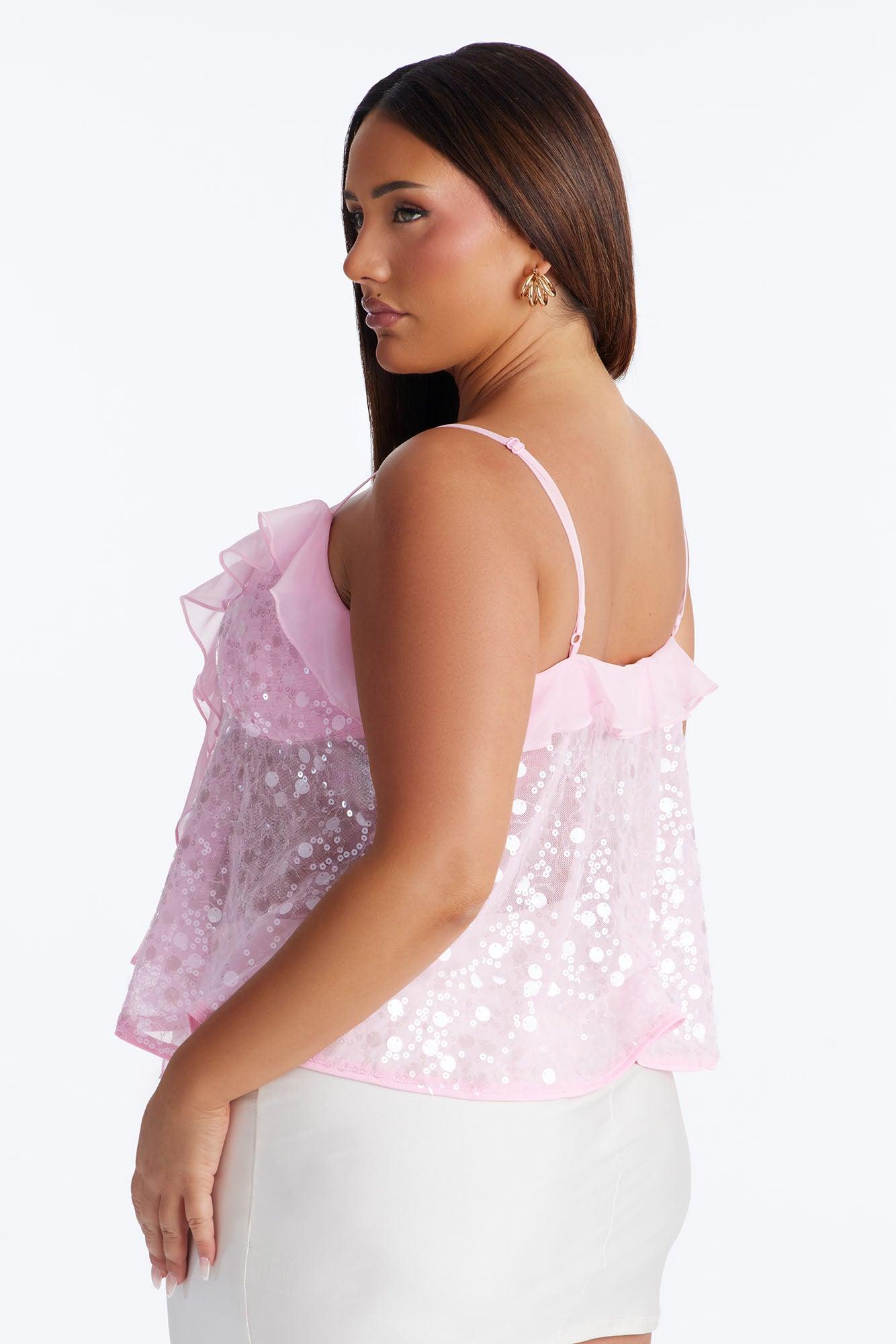 Sparkle Now Sleep Later Ruffle Sequin Flyaway Top - Pink Female Product Image