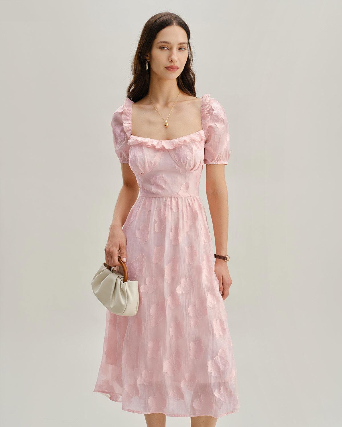 Pink Square Neck Puffed Sleeve Midi Dress Product Image