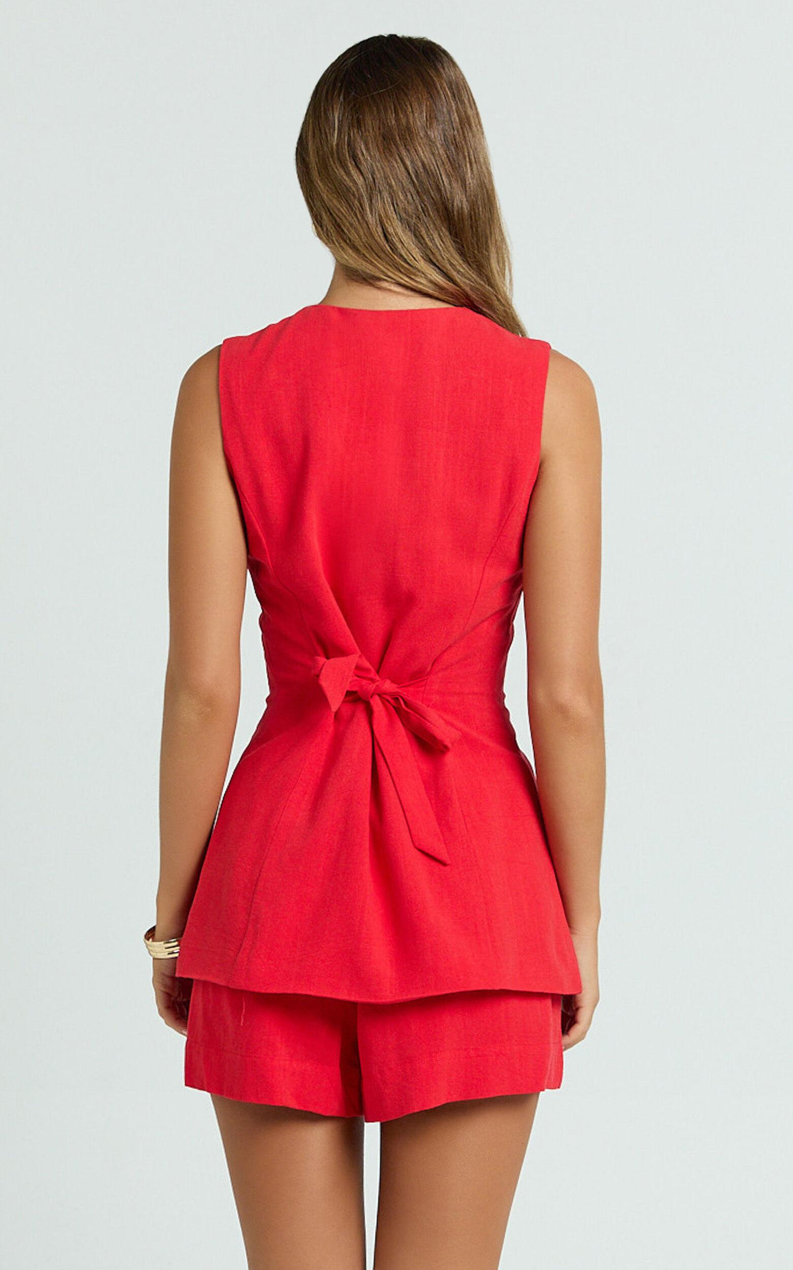 Olivia Top - Longline Linen V Neck Back Tie Vest Top in Red Product Image