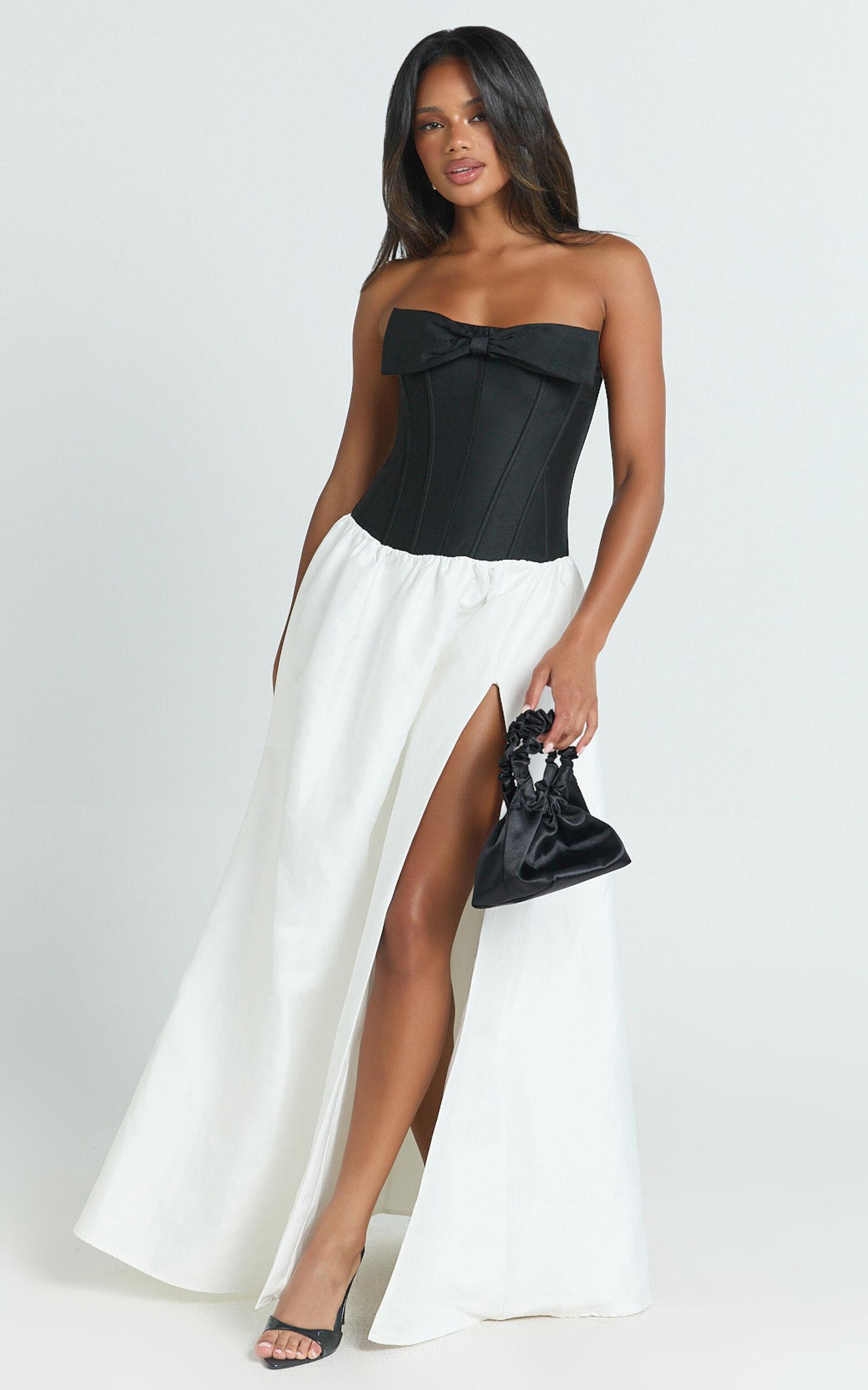 Santana Mini Dress - Strapless Fit And Flare Bubble Hem Dress in Black/White Product Image