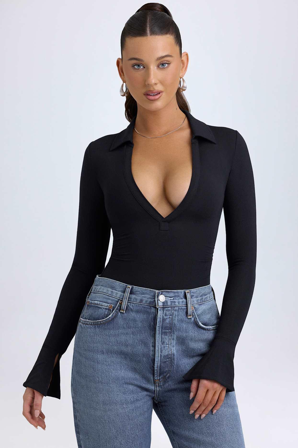 Modal Plunge V-Neck Bodysuit in Black Product Image