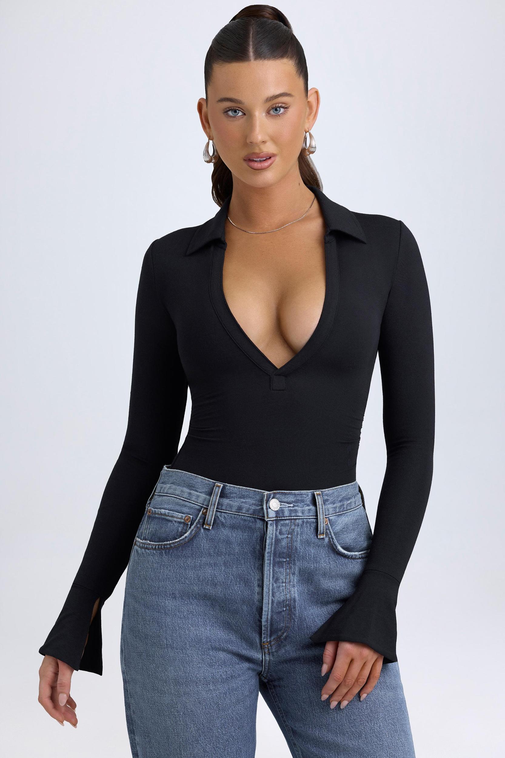 Modal Plunge V-Neck Bodysuit in Black Product Image