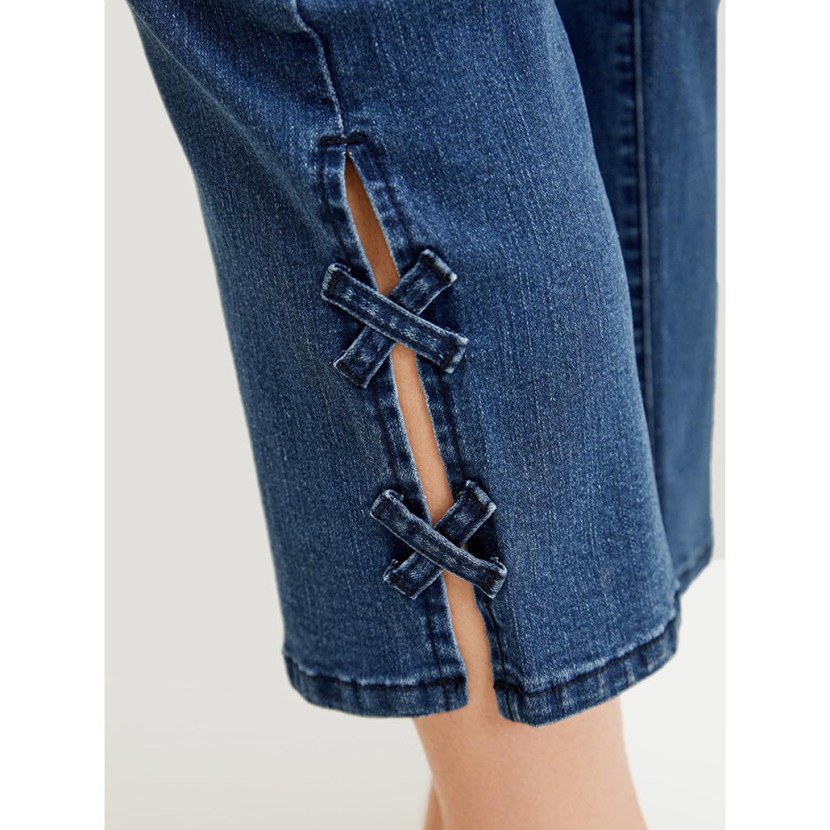 Plus Size Very Stretchy Medium Wash Patched Detail Cut Out Jeans Women Blue Casual Plain Cut-Out High stretch Pocket Jeans BloomChic 12/L Product Image