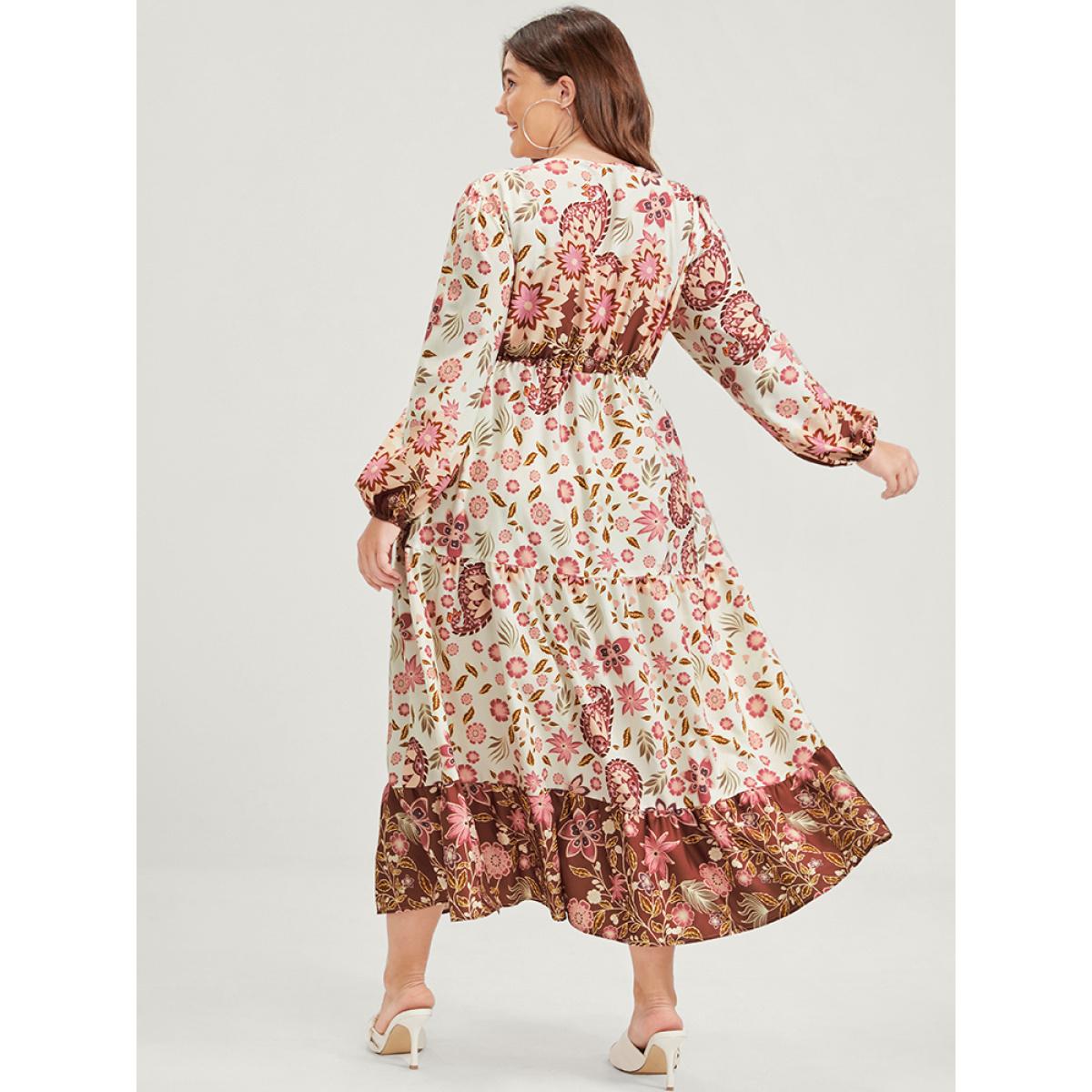 Plus Size Floral Lantern Sleeve Pocket Split Tie Flutter Midi Dress WhiteSmoke Women Vacation Gathered V-neck Long Sleeve Curvy Midi Dress BloomChic 14-16/1X Product Image