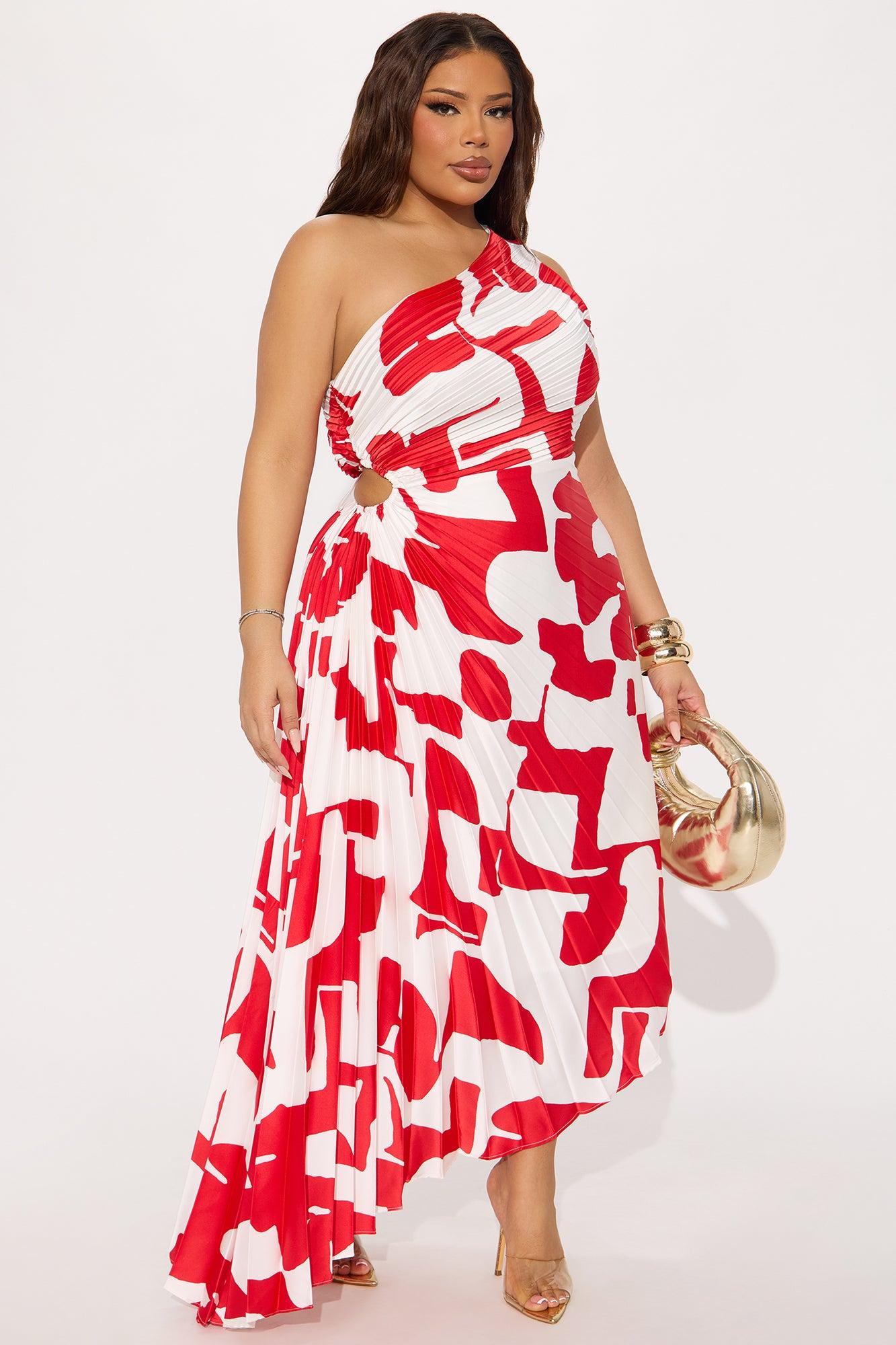 Tia Satin Midi Dress - Red/White Product Image