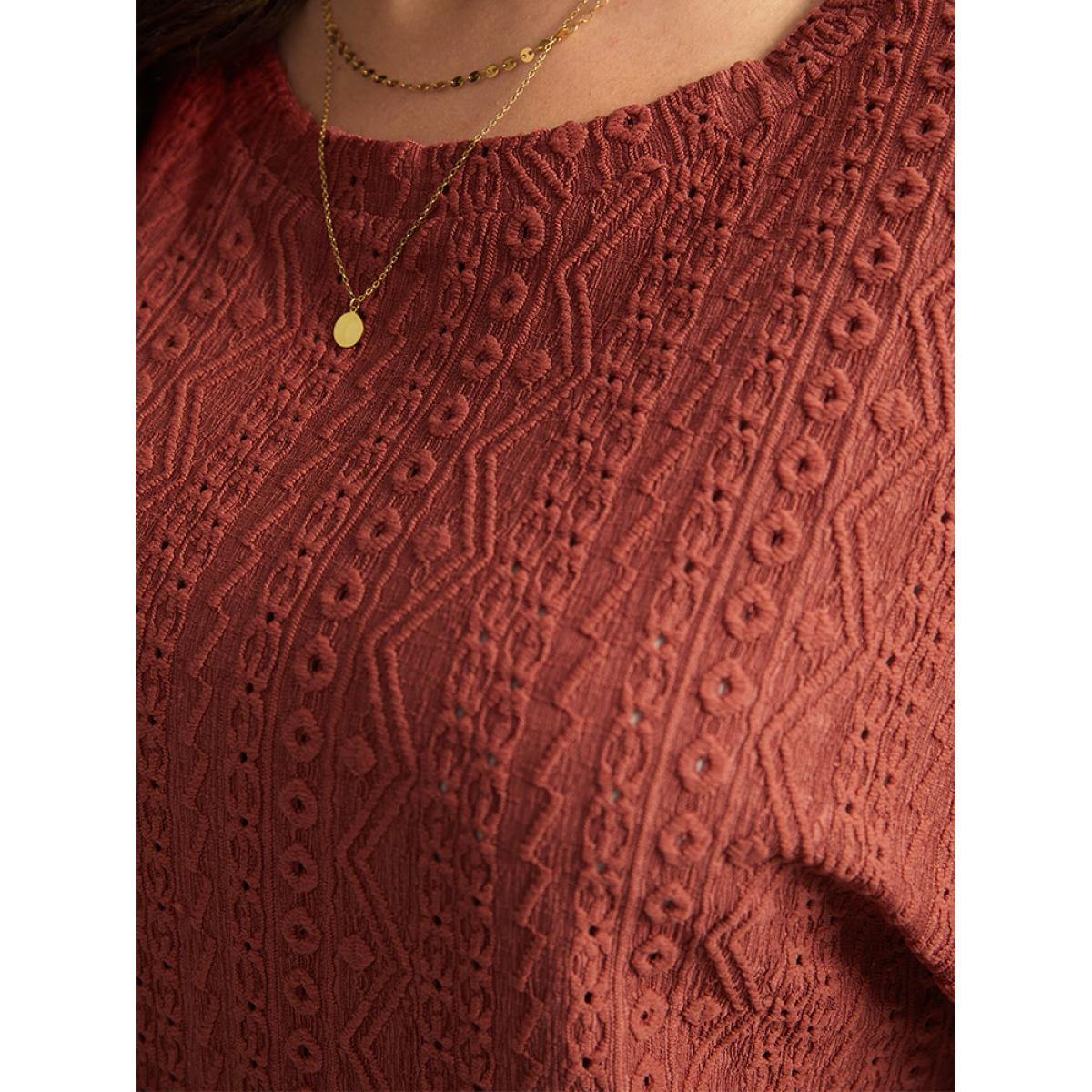 Plus Size Solid Plisse Guipure Lace T-shirt Rust Women Elegant Elastic cuffs Plain Round Neck Dailywear T-shirts BloomChic 18-20/2X Product Image