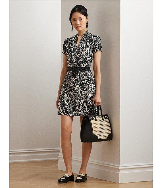 Lauren Ralph Lauren Petite Size Smooth Crepe de Chine Embroidered Floral Deep V-Neck Short Sleeve Empire Waist Dress Product Image