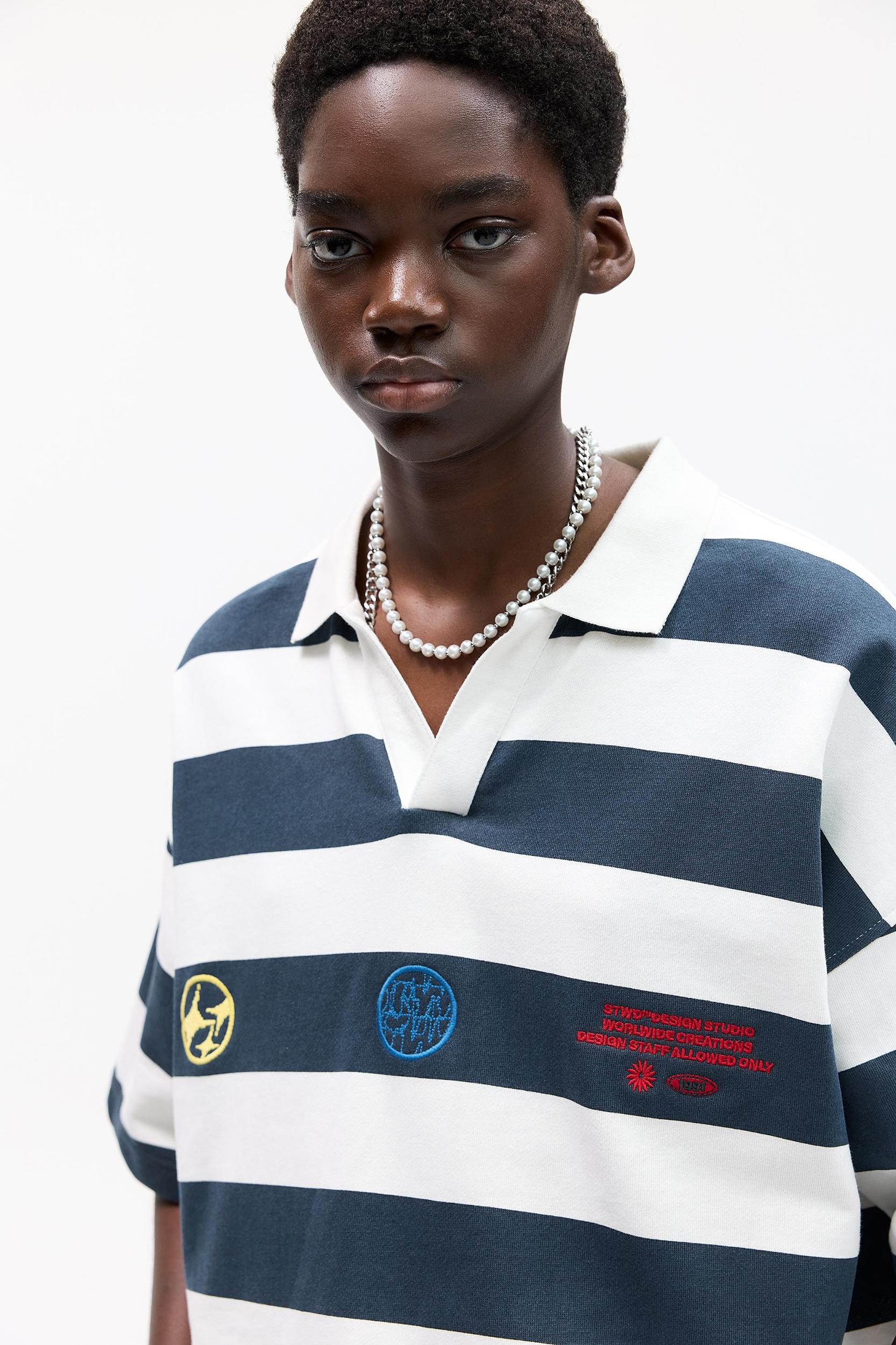 Embroidered striped short sleeve polo shirt Product Image