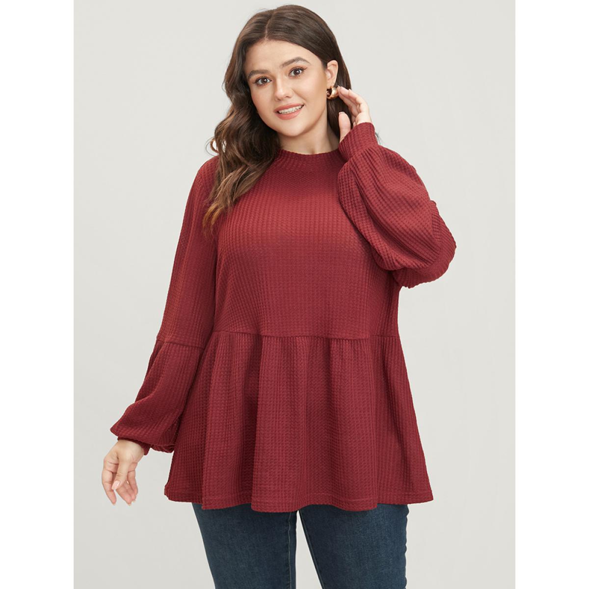 Plus Size Russet Solid Lantern Sleeve Ruffle Hem Textured Blouse Women Elegant Long Sleeve Round Neck Dailywear Blouses BloomChic 22-24/3X Product Image