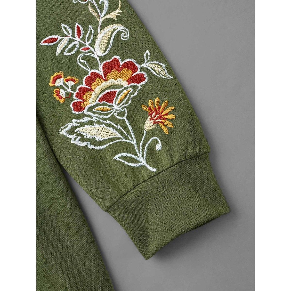 Plus Size Crew Neck Floral Embroidered Sweatshirt Women ArmyGreen Casual Embroidered Loose Round Neck Everyday Sweatshirts BloomChic 12/L Product Image