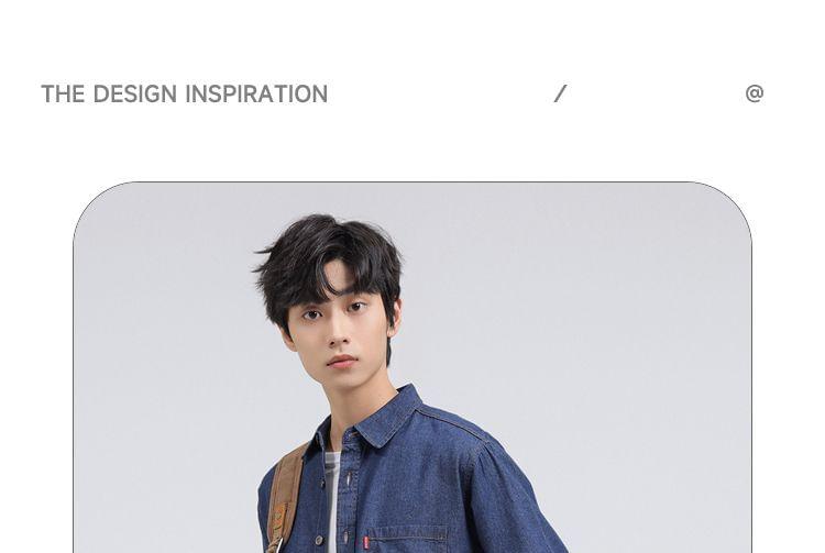 Long Sleeve Collared Washed Denim Shirt Product Image