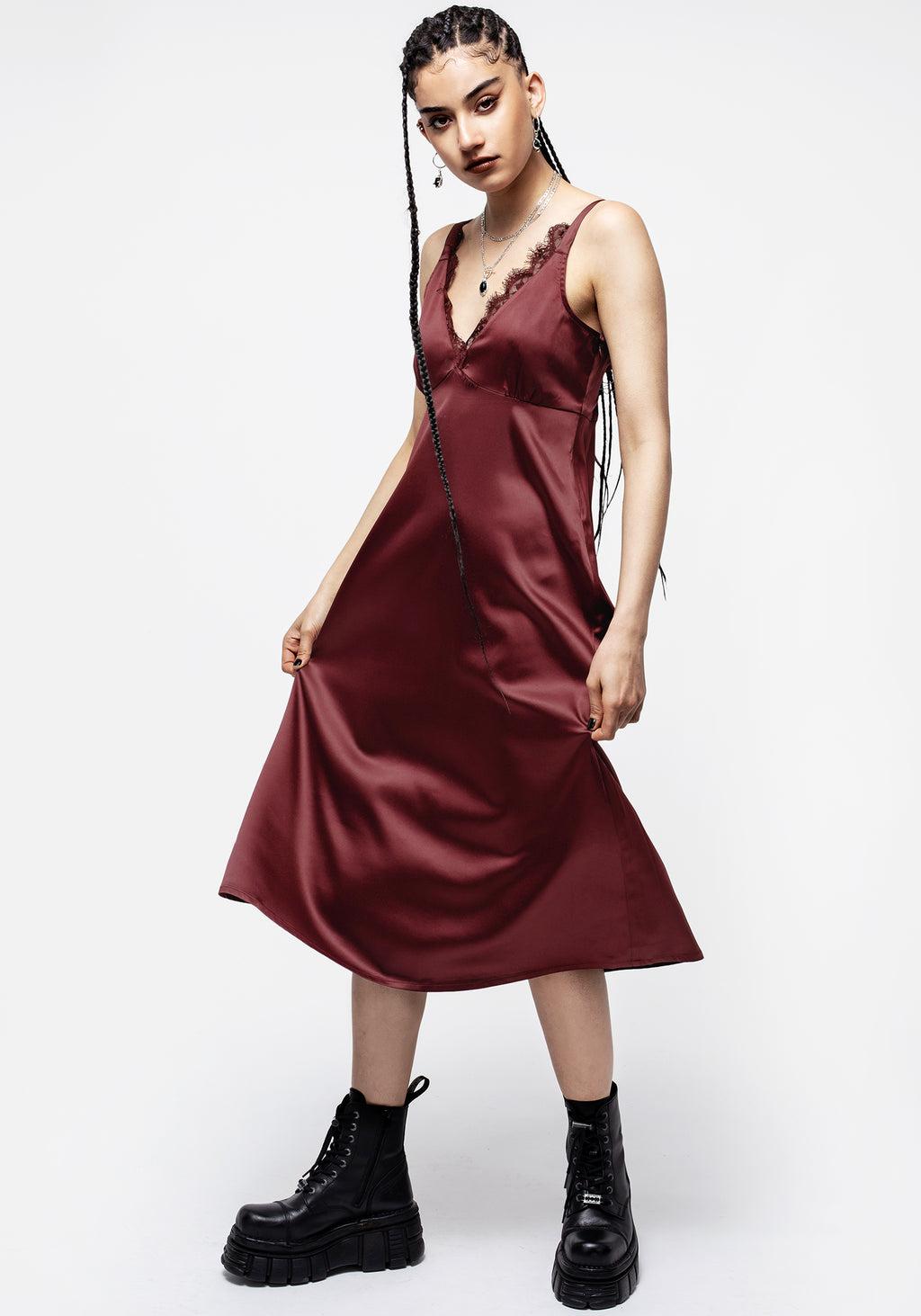 Medeina Lace Trim Satin Midi Slip Dress - Red Product Image