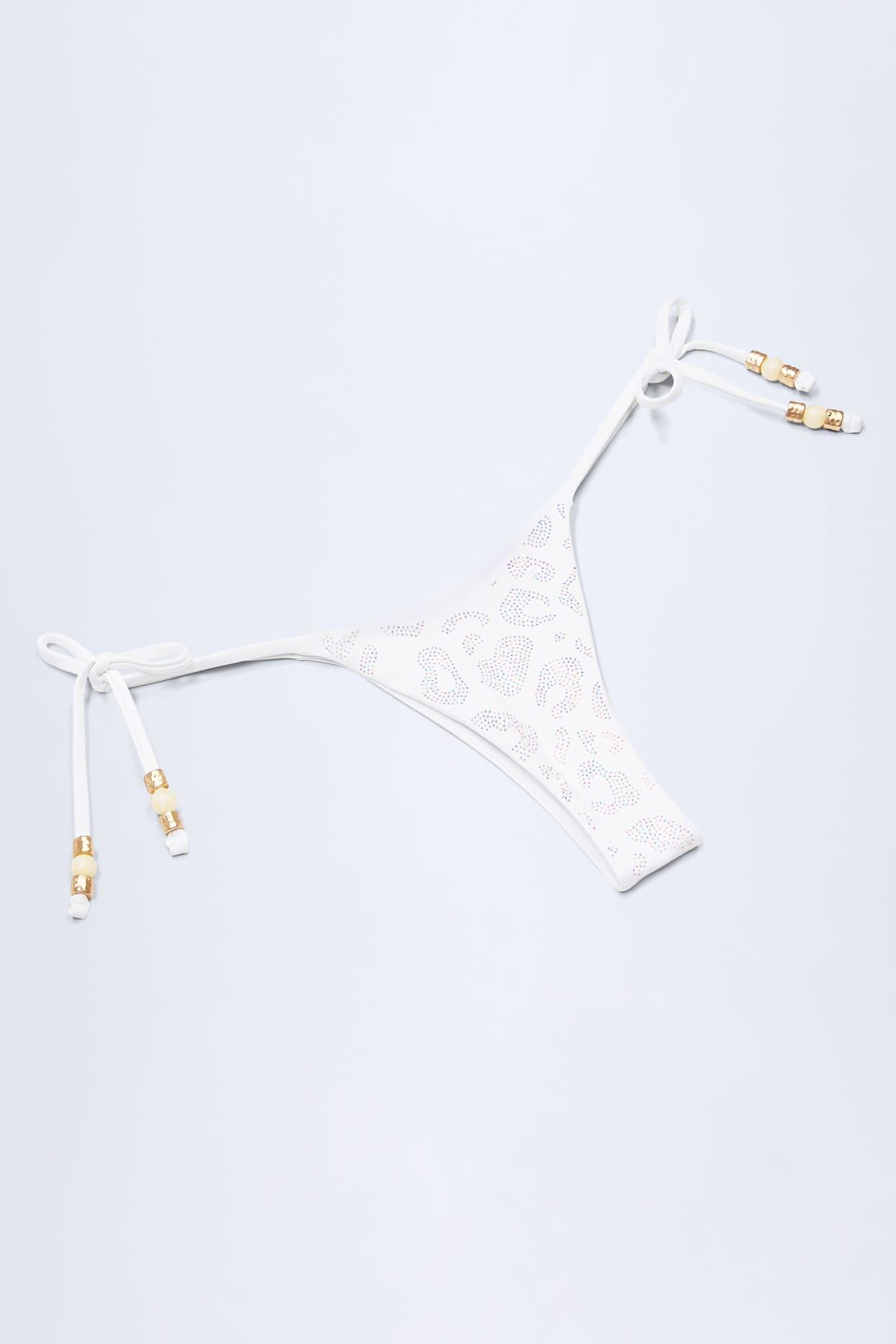 Side-Tie Bead Thong Bikini Bottoms in White Leopard Hotfix Product Image