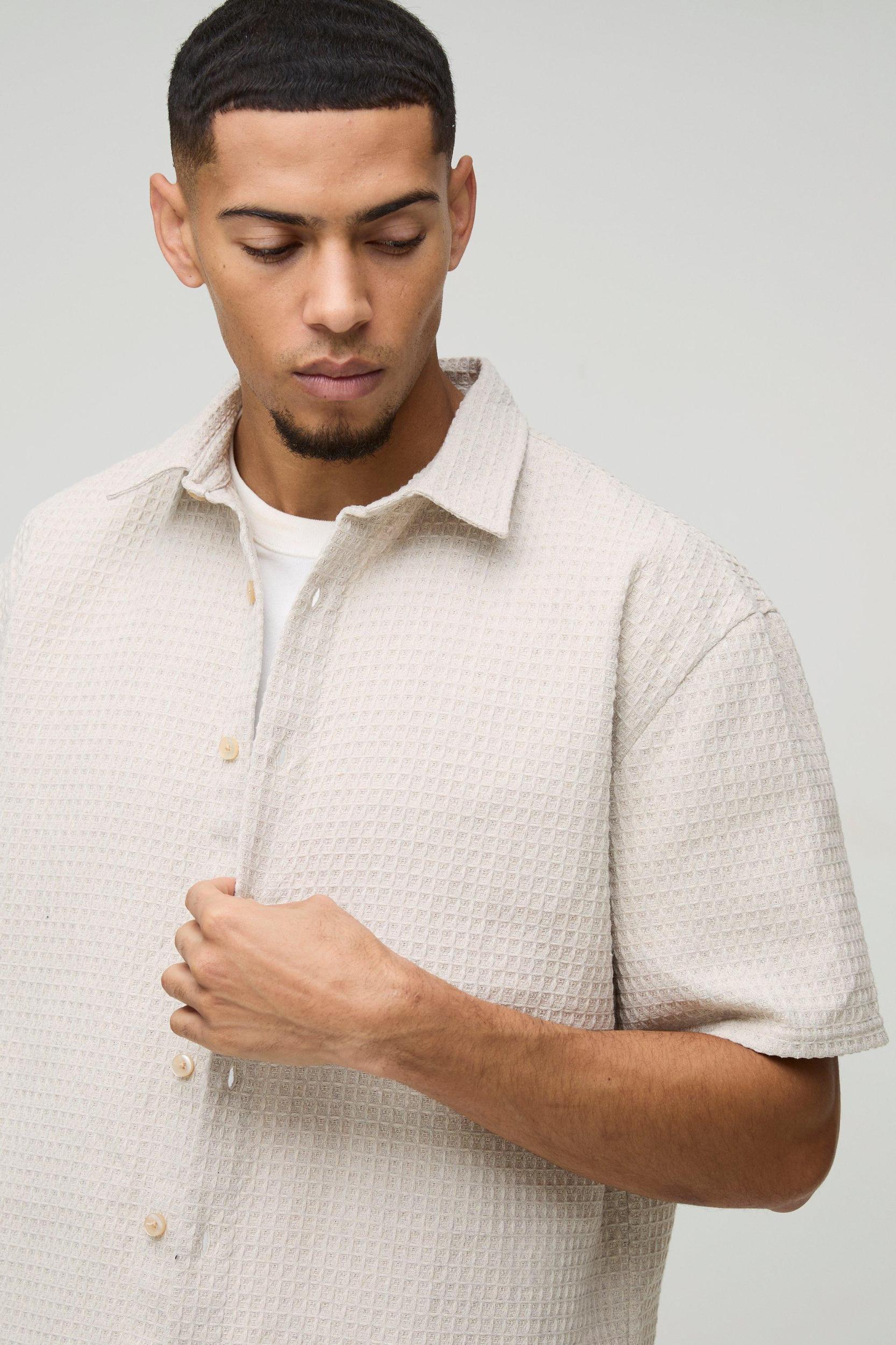 Oversized Waffle Collared Shirt | boohooMAN USA Product Image