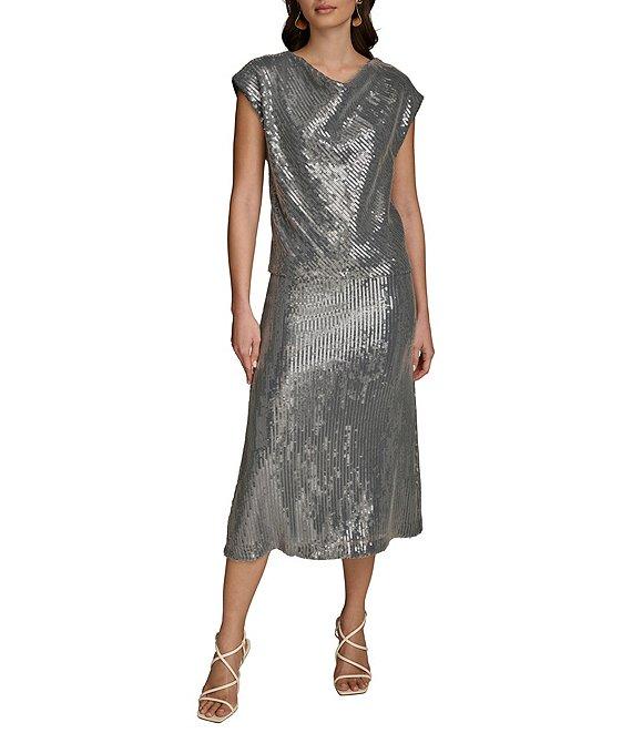 Donna Karan Sequin Cowl Neck Cap Sleeve Top Product Image