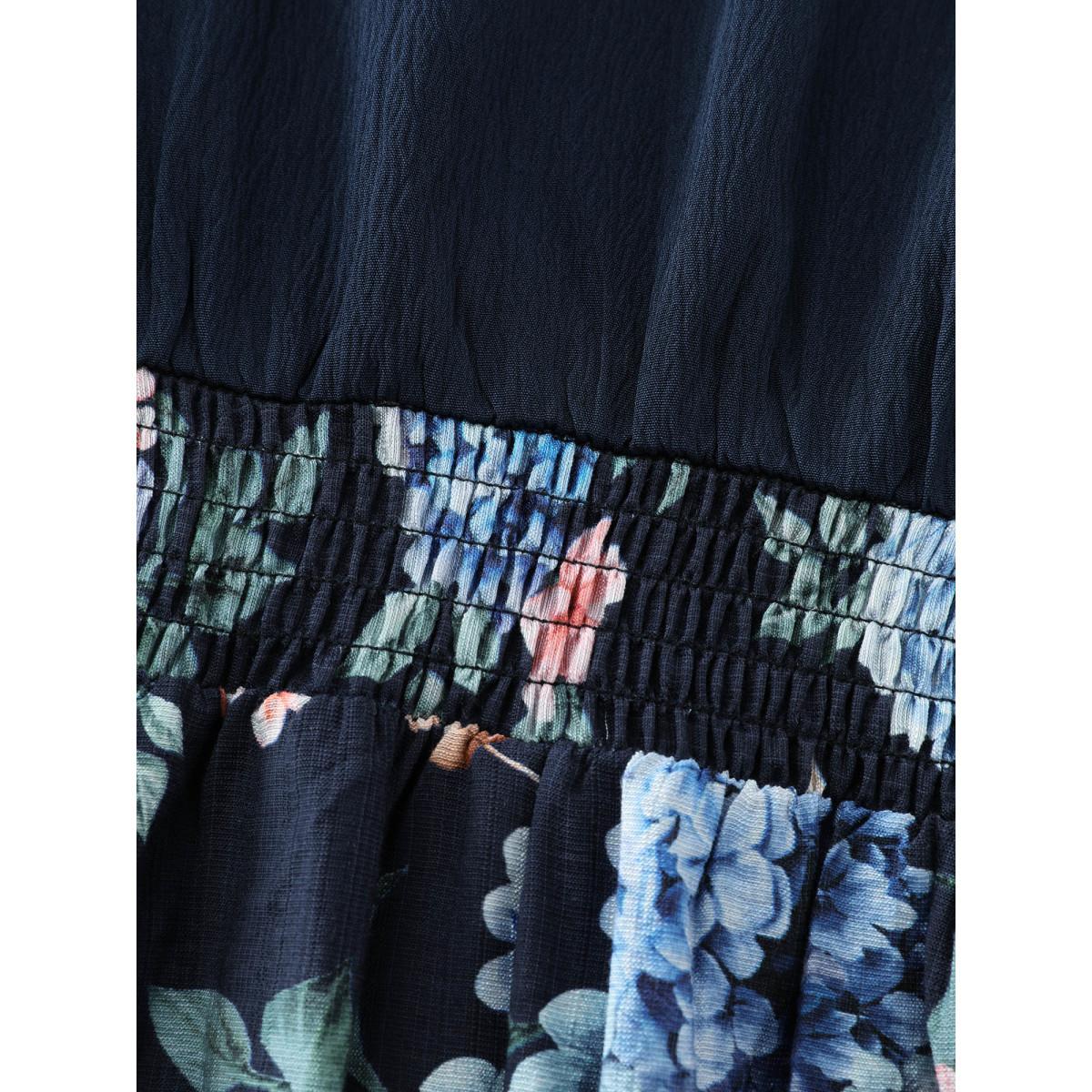 Plus Size Vintage Floral Print Back-Tie Midi Dress DarkBlue Women Romantic Tie knot Notched collar Elbow-length sleeve Curvy BloomChic 26/4X Product Image