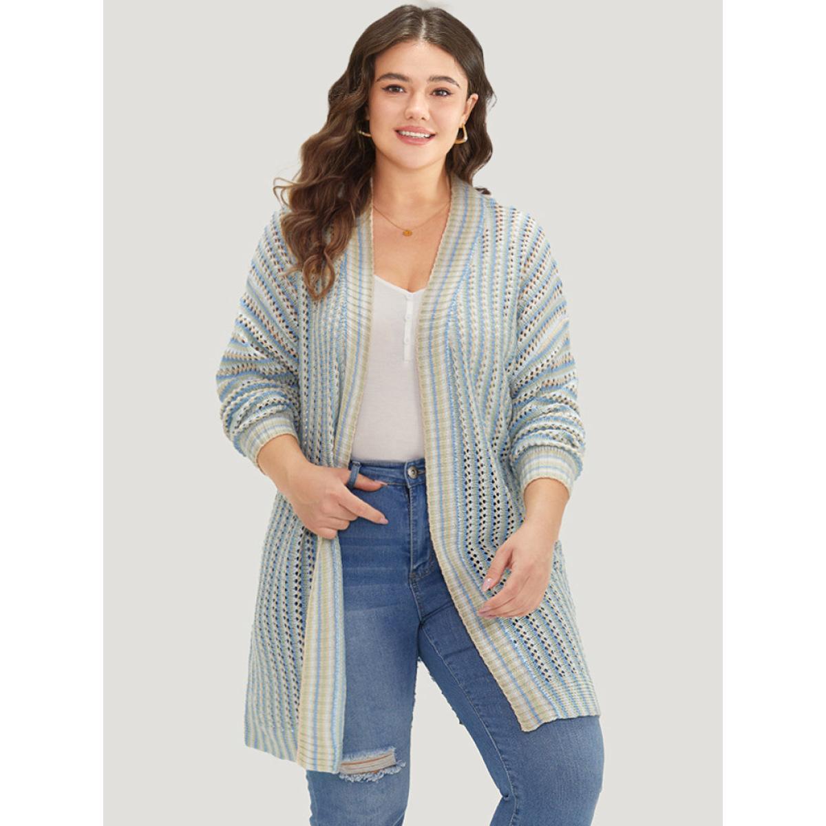 Plus Size Contrast Geo Eyelet Drop Shoulder Cardigan Multicolor Women Casual Loose Long Sleeve Dailywear Cardigans BloomChic 28/5X Product Image