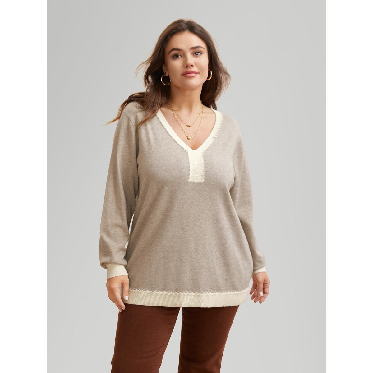 Plus Size Supersoft Essentials V Neck Contrast Crochet Pullover Apricot Women Casual Long Sleeve V-neck Everyday Pullovers BloomChic 12/L Product Image