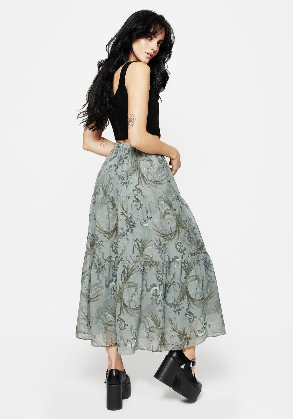 Sapphira Dragon Print Chiffon Tiered Maxi Skirt Product Image