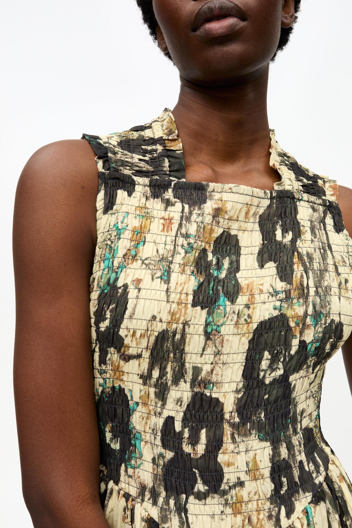 Printed Pleats Smock Midi Straps Dress Product Image