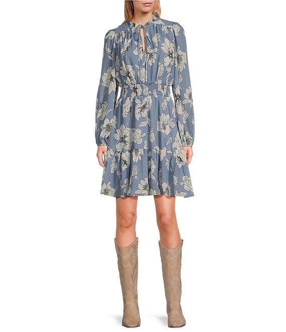 Lucy Paris Dallas Floral Print Split Round Neck Long Sleeve Dress Product Image