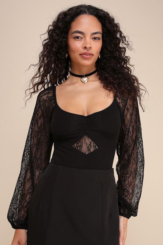 Sultry Spirit Black Mesh Lace Long Sleeve Bodysuit Product Image