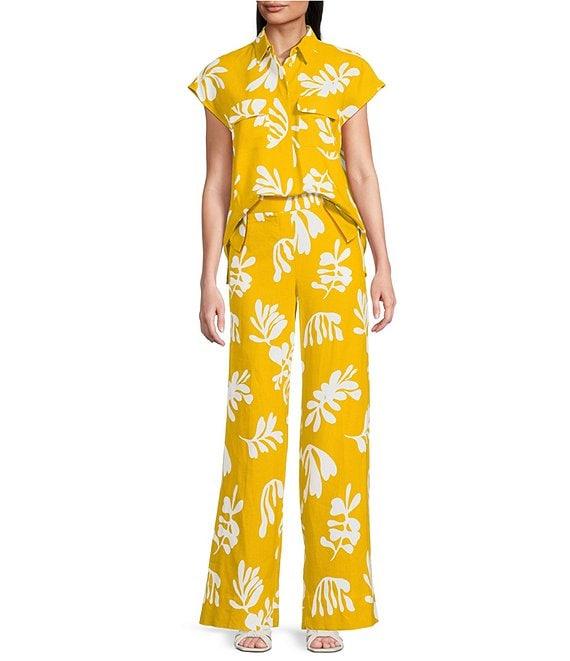 Marella Coordinating Addotto Linen-Blend Summer Leaf Print Point Collar Short Sleeve Patch Pocket Blouse Product Image