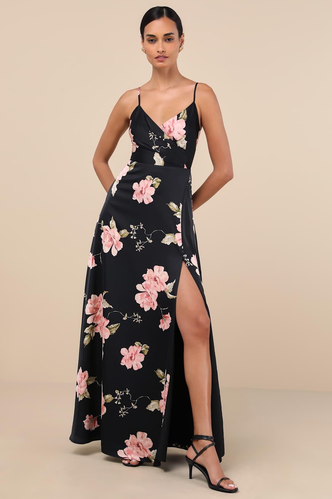Radiant Occasion Black Floral Satin A-Line Maxi Dress Product Image