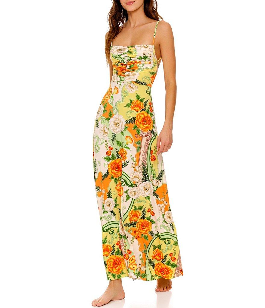 Agua Bendita Arista Floral Knit Print Square Neck Sleeveless Tie Back Maxi Dress Product Image