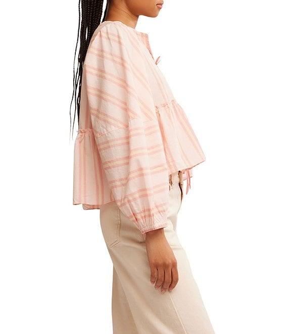 Free People Brunch Babe Stripe Print V-Neck Tie Front Long Sleeve Blouse Product Image