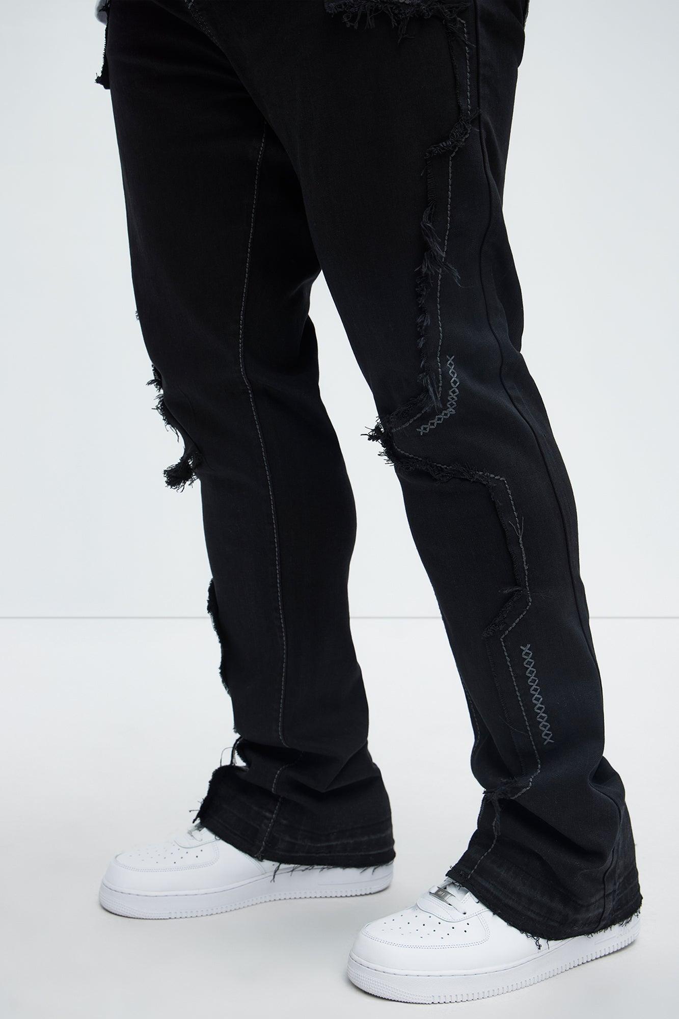 Stacked Skinny Flare Taking It Back Contrast Stitched Fray Jeans - Black Product Image