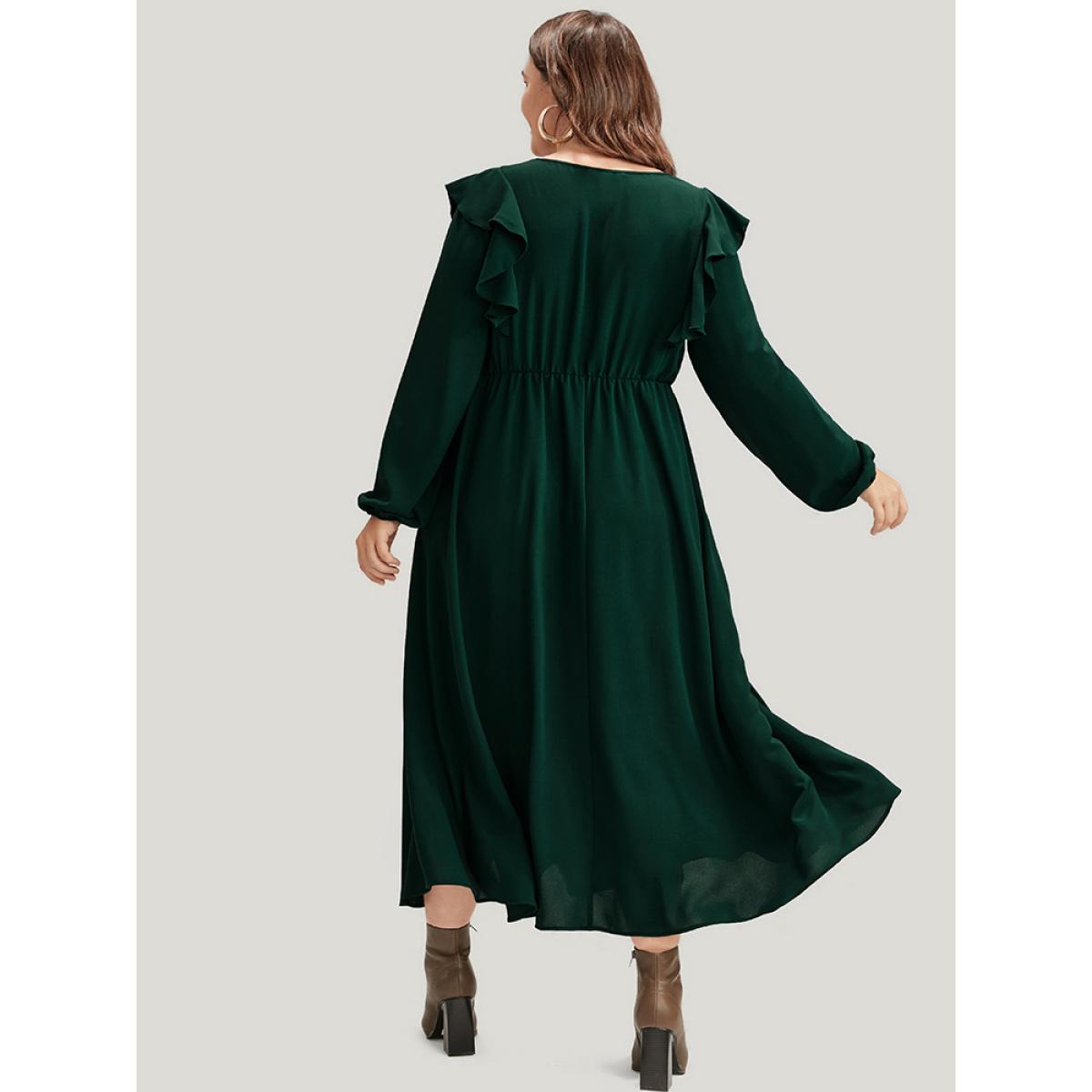 Plus Size Solid Lantern Sleeve Pocket Ruffle Trim Split Midi Dress DarkGreen Women Elegant Pocket V-neck Long Sleeve Curvy Midi Dress BloomChic 10/M Product Image