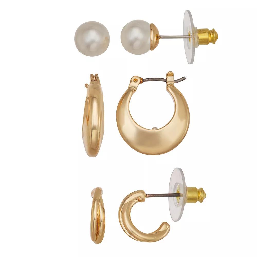 Napier Gold Tone Stud & Huggie Earring Trio Set, Women's, White Product Image
