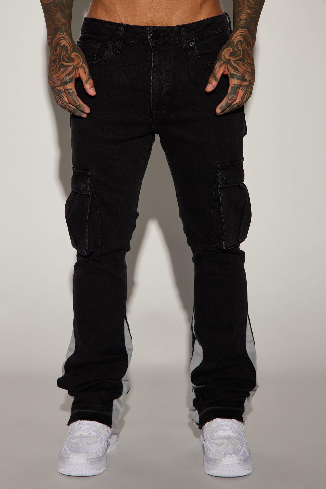 Carried Cargo Stacked Skinny Flared Jeans - Black Product Image