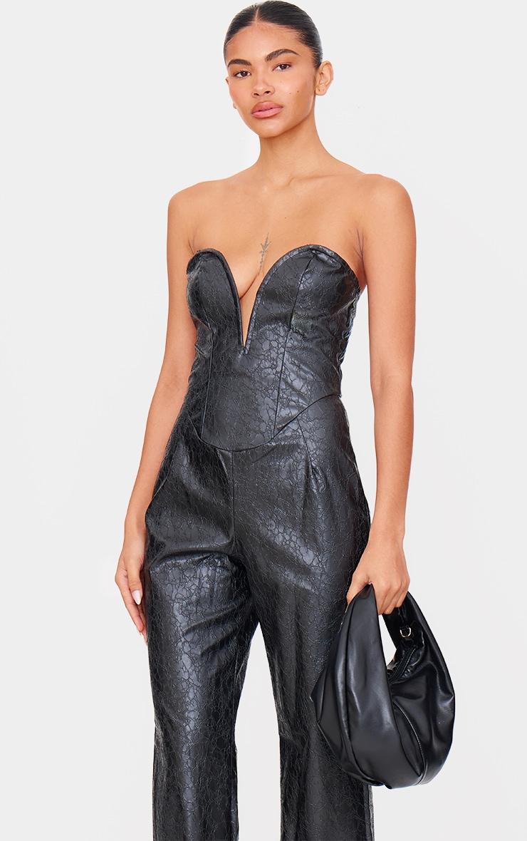 Black Croc Faux Leather Bandeau Plunge Straight Leg Jumpsuit Product Image