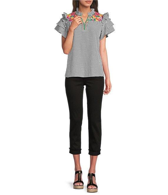 Calessa Embroidered Printed Split V-Neck Short Sleeve Ruffle Tunic Product Image