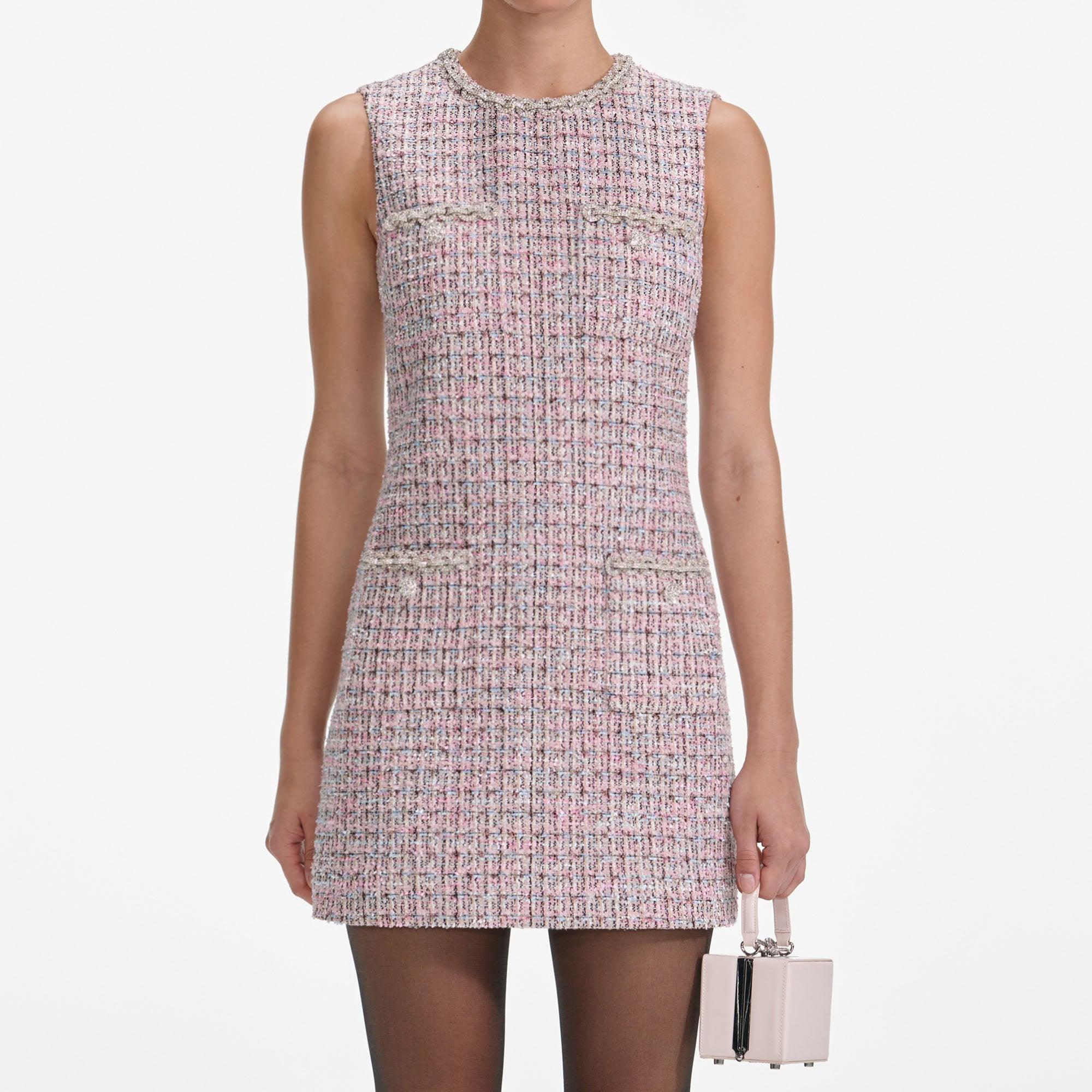 Pink Boucle Sleeveless Mini Dress Product Image