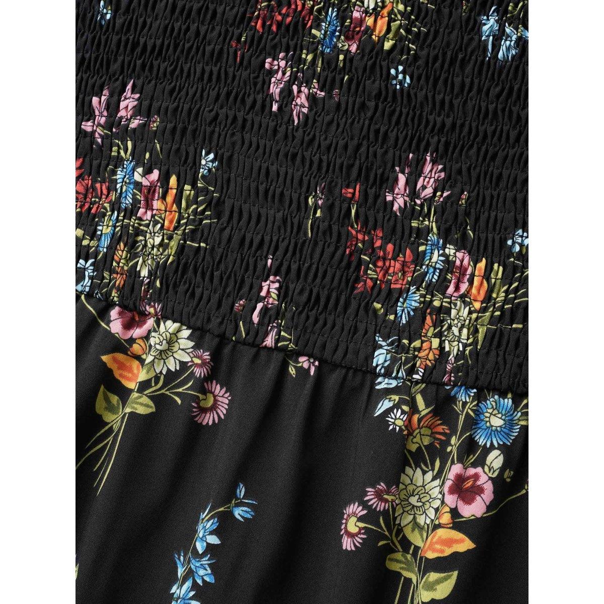 Plus Size Ditsy Floral Shirred Split Hem Dress Black Women Elegant Frill Trim Square Neck Short sleeve Curvy BloomChic 12/L Product Image