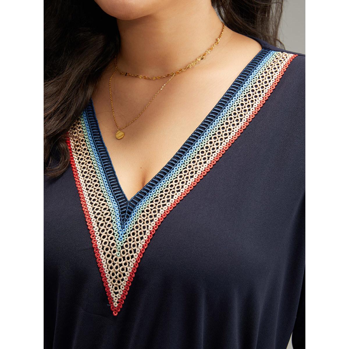 Plus Size Plain Contrast Webbing Elastic Waist Dress Midnight Women Casual Elastic cuffs V-neck Long Sleeve Curvy Midi Dress BloomChic 18-20/2X Product Image