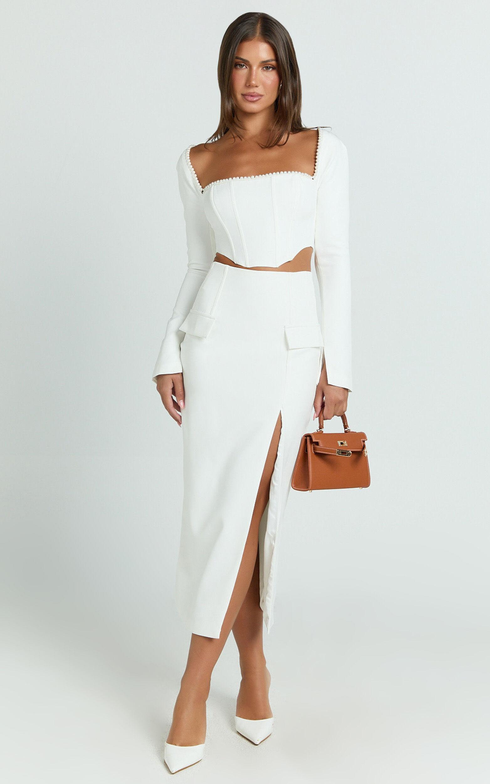 Davie Midi Skirt - High Waist Split Front Skirt in White Product Image