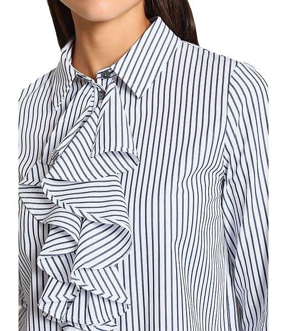 Ming Wang x Tanya Foster Cotton Pinstripe Point Collar Water Fall Long Sleeve Blouse Product Image