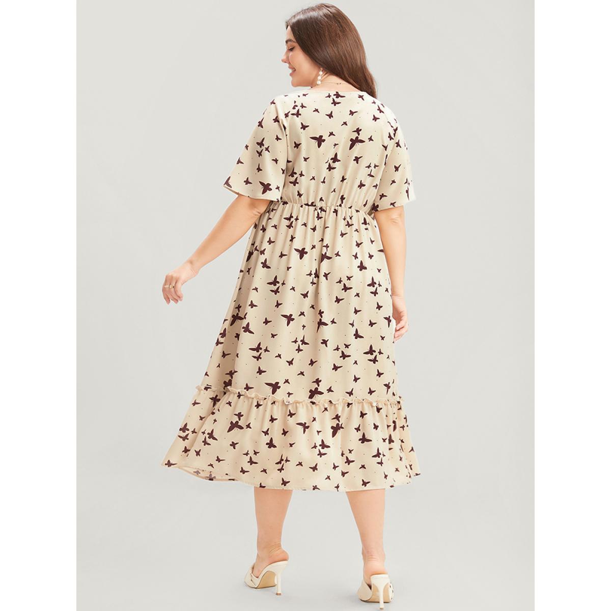 Plus Size Butterfly Print Shirred Raglan Sleeve Pocket Flutter Dress Apricot Women Elegant Gathered Round Neck Half Sleeve Curvy Midi Dress BloomChic 22-24/3X Product Image