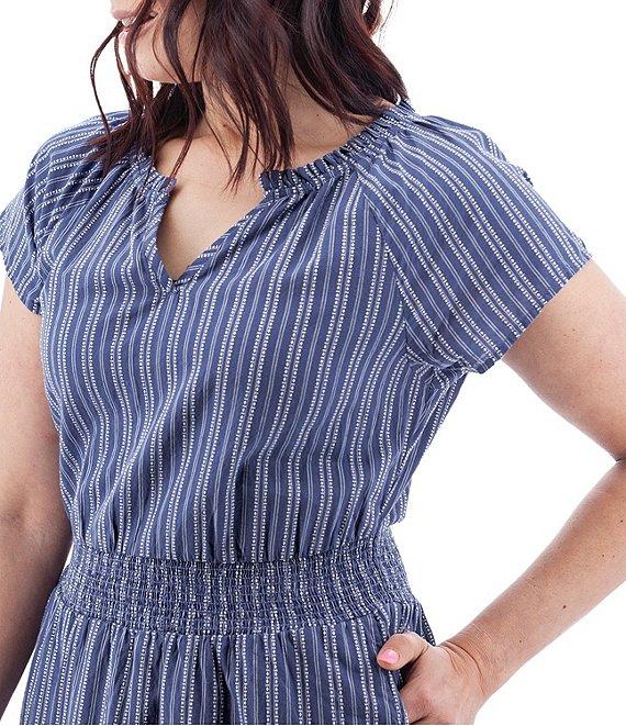 Aventura Colmar Stripe Organic Cotton Dobby Woven Split V-Neck Smocked Waist TIered Midi Dress Product Image