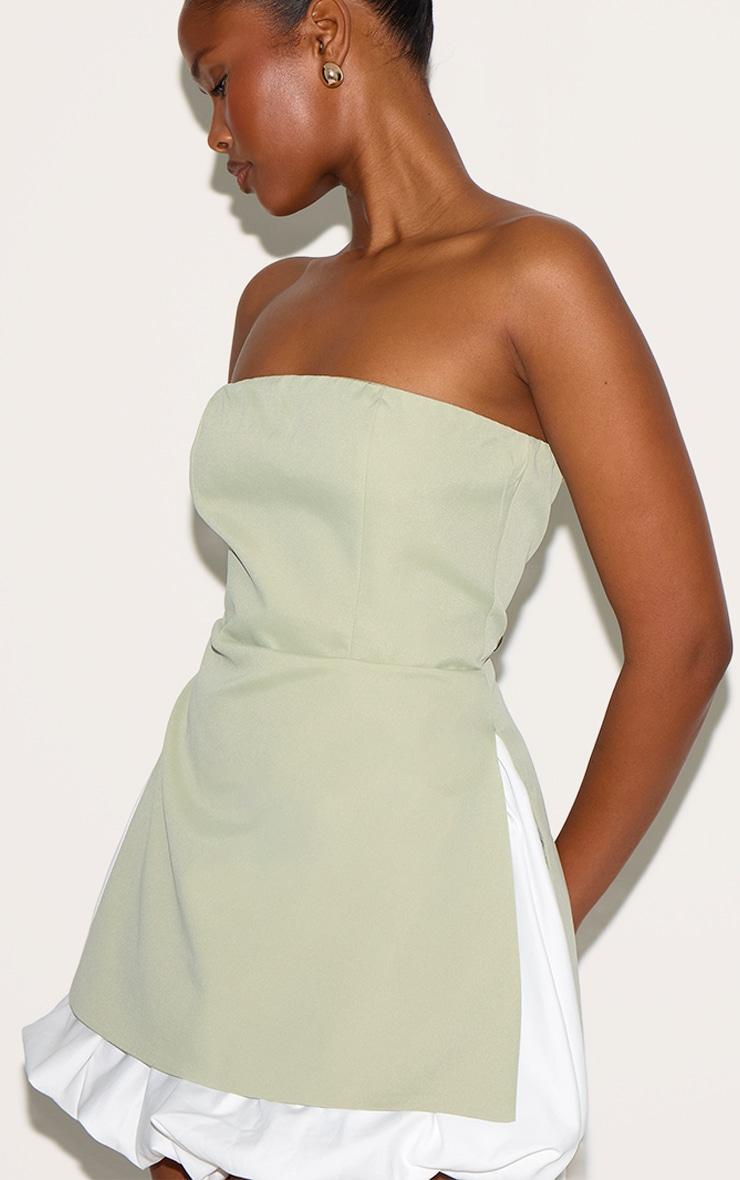 Sage Green Tailored Bandeau Puffball Hem Shift Dress Product Image