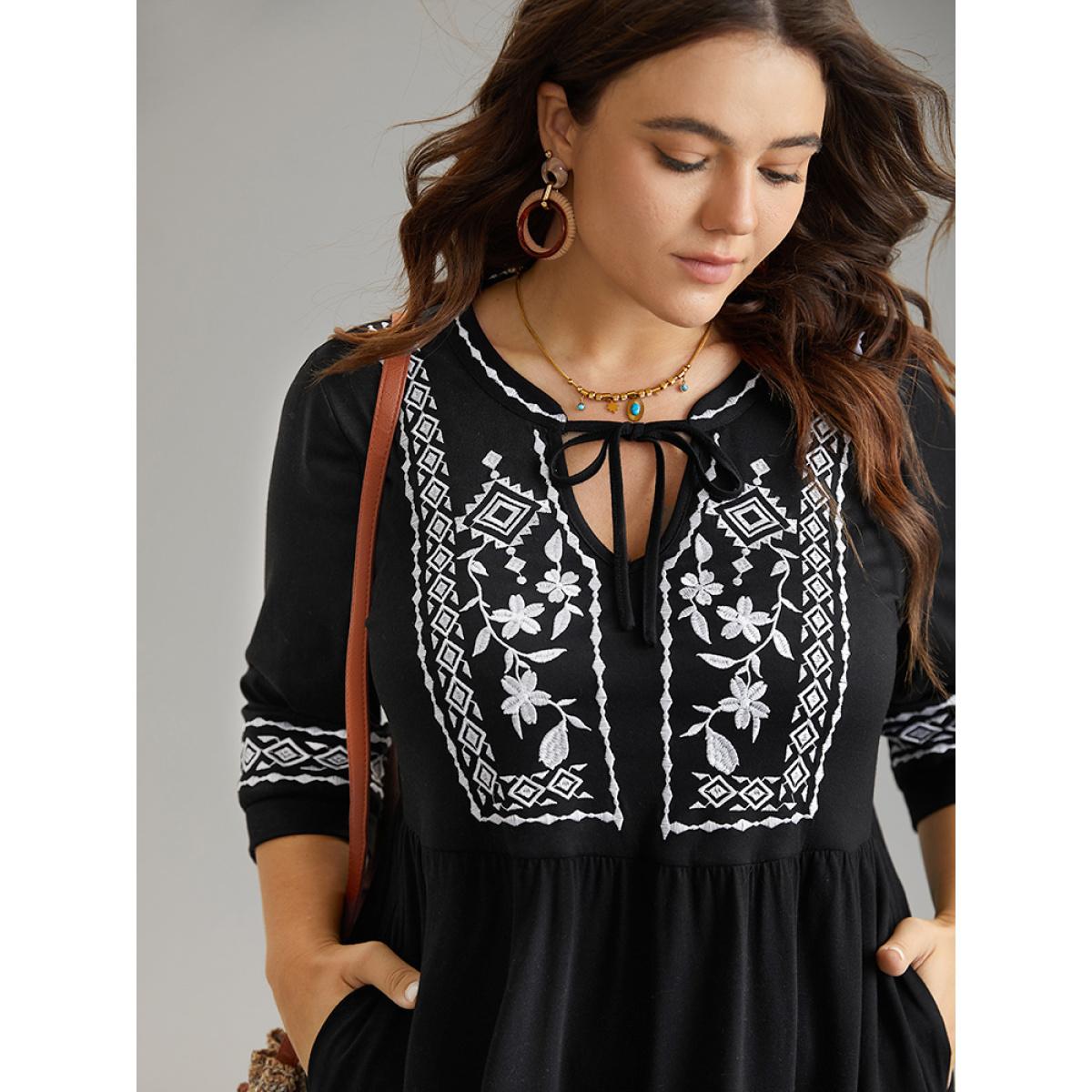 Plus Size Bandana Embroidered Tie Neck Gathered Dress Black Women Vacation Gathered Tie Neck Elbow-length sleeve Curvy Knee Dress BloomChic 26/4X Product Image