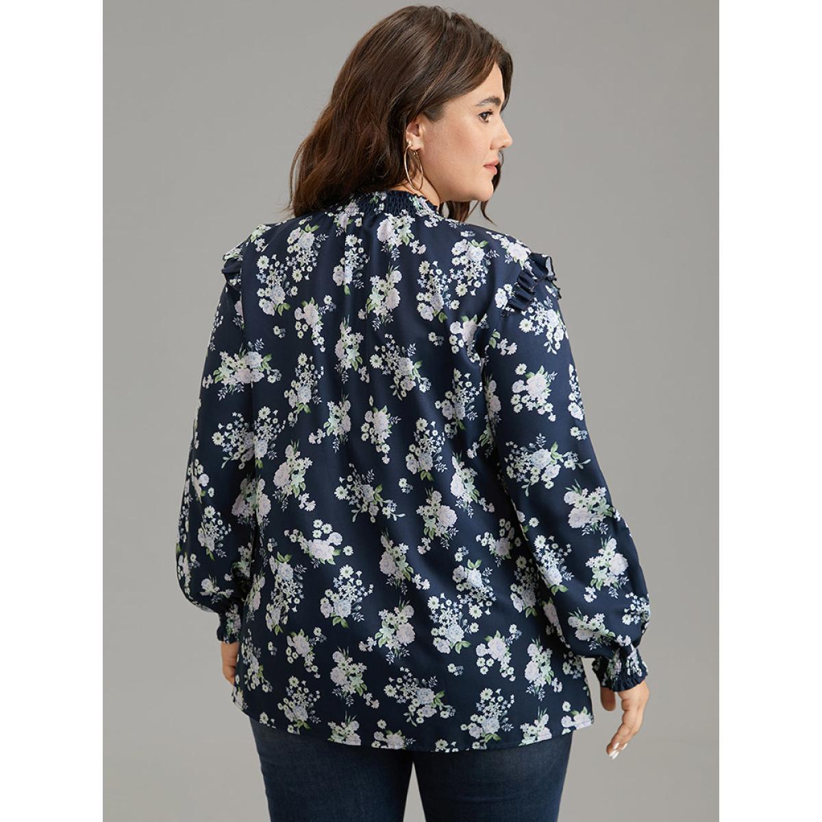 Plus Size Indigo Ruffle Trim Floral Print Shirred Blouse Women Elegant Long Sleeve Mock Neck Office Blouses BloomChic 18-20/2X Product Image